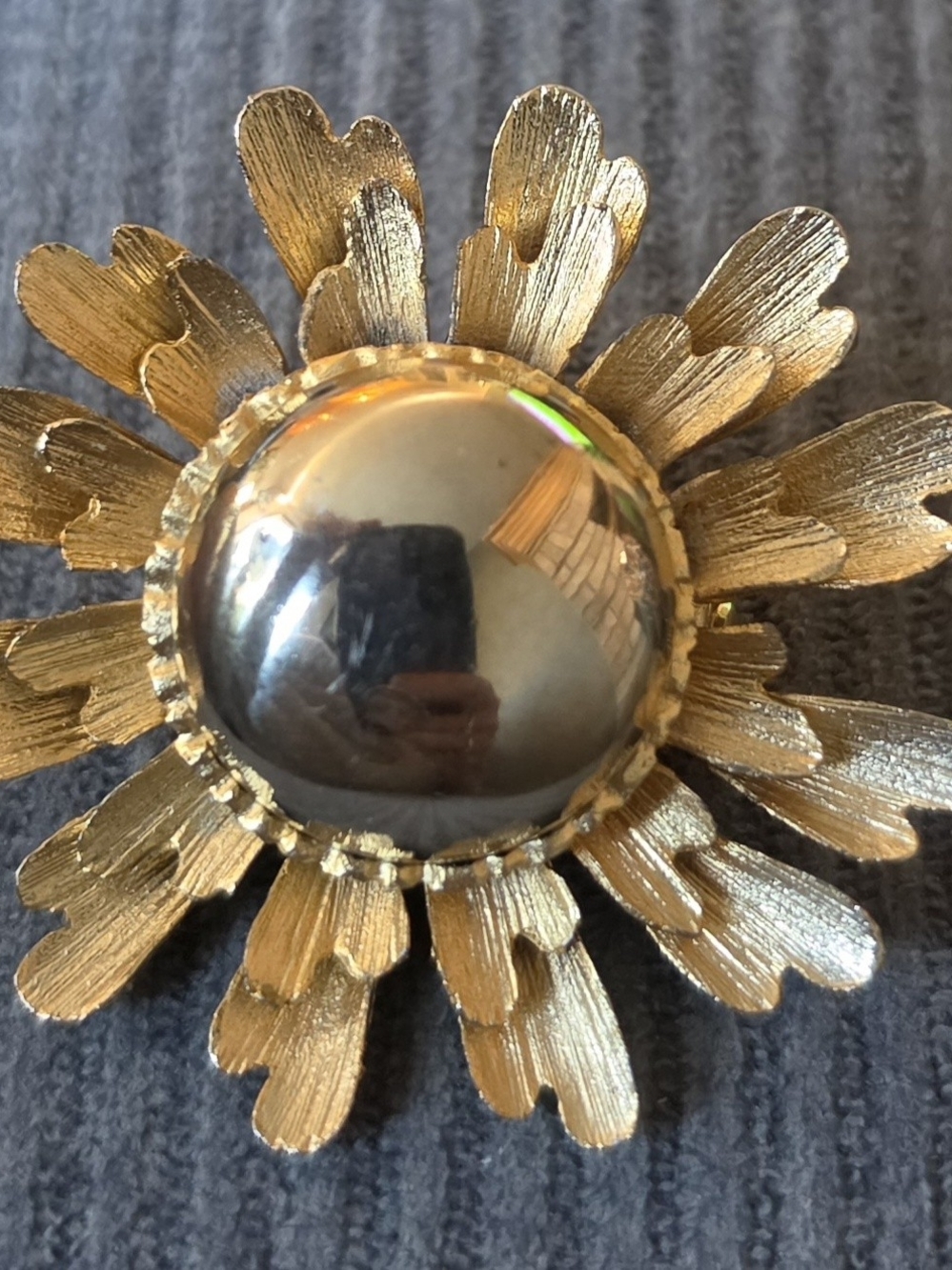 Vintage Gold Tone Sunburst Flower Brooch with Domed Center